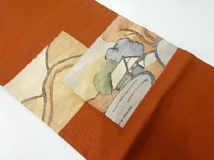 リサイクル すくい織山並に樹木・家屋風景模様織出し袋帯